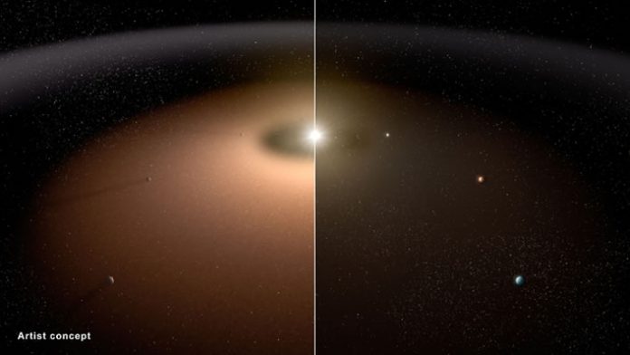 Concepto artístico de un sistema planetario polvoriento (izda.), con otro de escaso polvo estelar (dcha.). Concepto artístico de un sistema planetario polvoriento (izda.), con otro de escaso polvo estelar (dcha.). Image