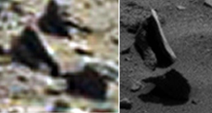 Confirmado: La roca no levita en Marte. Fue un efecto óptico. Imagen de la derecha muestra que lo que se creía no era real.