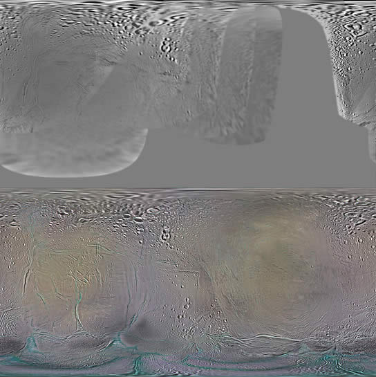 La imagen superior fue tomada por Voyager y la imagen de fondo por Cassini. Este mapa de Encelado muestra cómo 10 años han cambiado nuestra visión de las lunas de Saturno. 