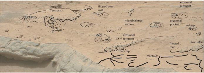 Superposición de dibujo en la fotografía de arriba para ayudar en la identificación de las estructuras en la superficie del lecho de roca.