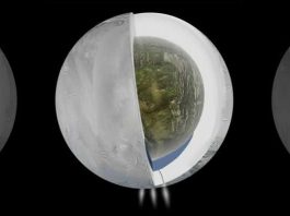 Esta ilustración muestra el posible interior de Encelado. Los datos recogidos por la sonda Cassini de la NASA sugieren que tiene una cubierta externa de hielo y un núcleo rocoso con un océano de agua.