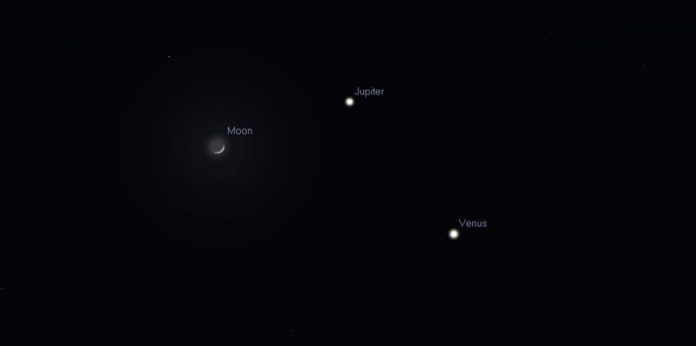 Según la SAC, el triángulo celeste se verá mejor cerca de las 7:40 p.m., es decir justo mientras está oscureciendo. (Ilustración suministrada / Sociedad de Astronomía del Caribe) Según la SAC, el triángulo celeste se verá mejor cerca de las 7:40 p.m., es decir justo mientras está oscureciendo. (Ilustración suministrada / Sociedad de Astronomía del Caribe)