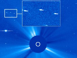 Fotografía del Sol tomada por SOHO muestra tres posibles objetos anómalos.