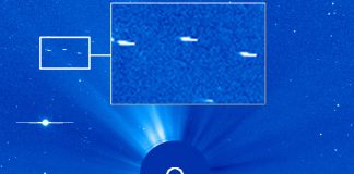 Fotografía del Sol tomada por SOHO muestra tres posibles objetos anómalos.