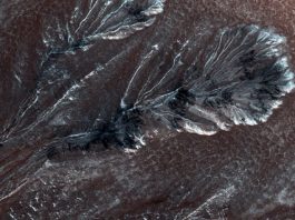Esta nueva imagen del Orbitador de Reconocimiento de Marte de la NASA muestra la escarcha formada en los barrancos en uno de los cráteres de las llanuras del norte de Marte.