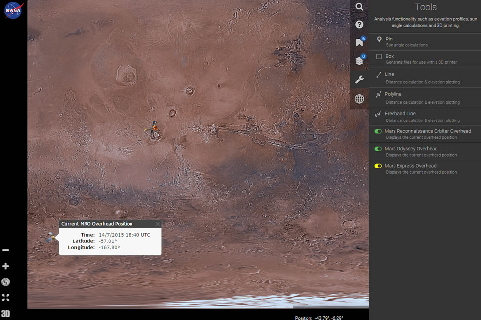 Las opciones disponibles de la app Mars Trek. Print 3D, calcular distancias, ver posición actual del Mars Express y del Mars Odyssey. Crédito: NASA