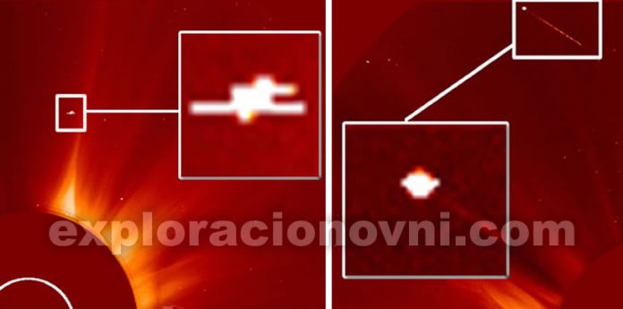 ¿Una anomalía con forma de platillo cerca del Sol disparando un haz de luz? Imágenes de SOHO. Fecha: 4 de agosto 2015.