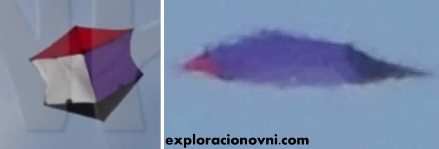 A la izquierda la cometa volada el día 10 de febrero 2015 y confundida con un OVNI. A la derecha un primer plano del llamado OVNI de Miraflores filmado el mismo día por el equipo de producción de TV. La similitud es absoluta.